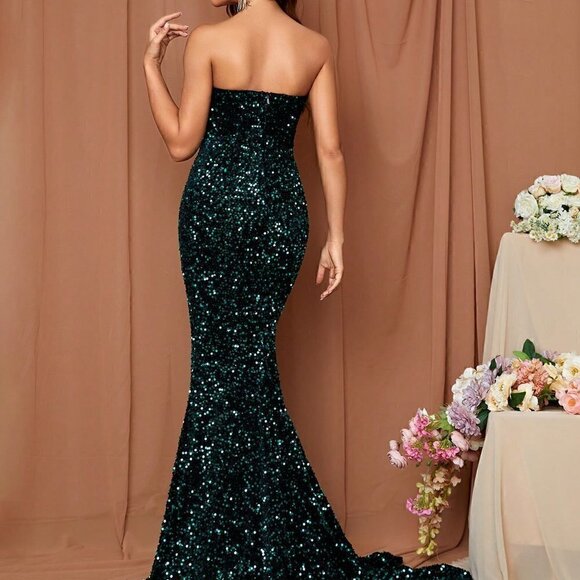 Green Preppy Womens Split Thigh Sequin Tube Formal Dress - Picture 2 of 5